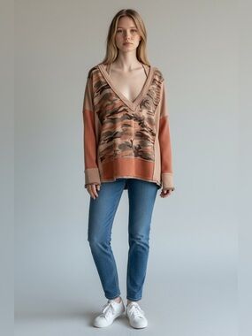 POL Multi Pattern Boho Tunic Tan & Orange Size Small